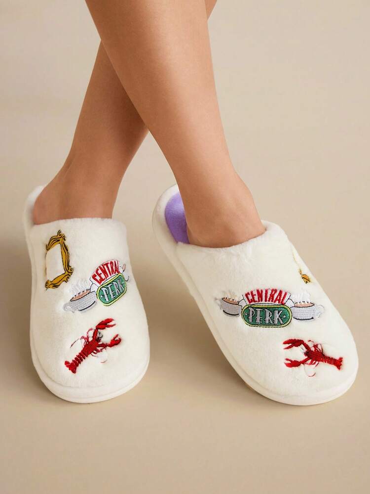 FRIENDS X SHEIN Pantofole da casa da donna per autunno/inverno con ricamo di aragosta e lettera - Bianco - Visualizzare 11