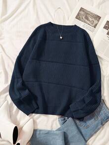 SHEIN CURVE+ Maglione in maglia a costine elasticizzato di colore unito, taglie comode, abbigliamento invernale da donna