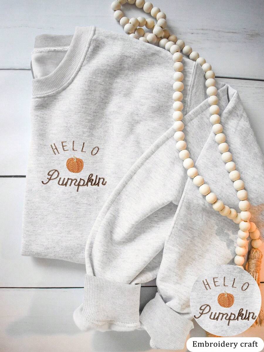 INAWLY Áo nỉ cổ tròn thêu hình quả bí ngô thường ngày cho nữ vào mùa thu - Màu Xám nhạt - Xem 1