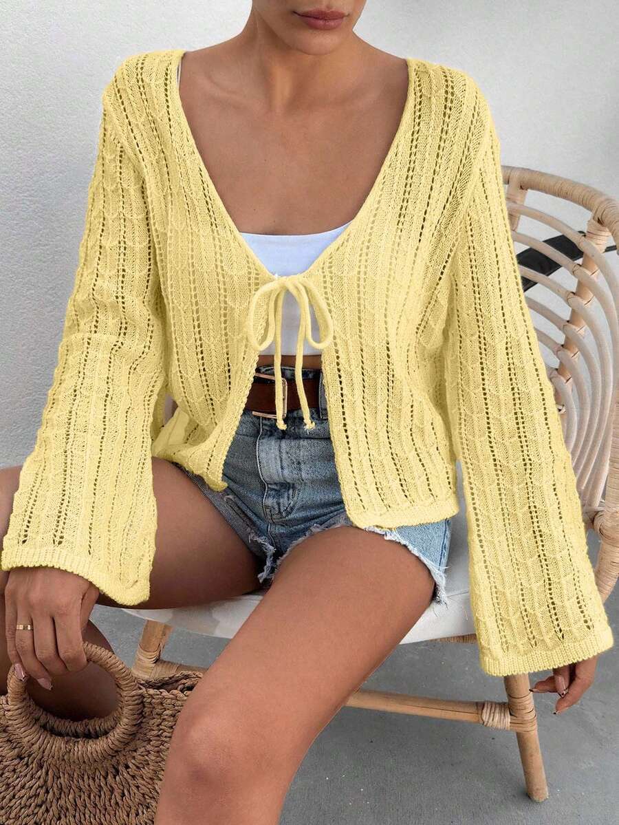 EURMUSE Cardigan décontracté de vacances en tricot à manches évasées, à nœud devant et ajouré, de couleur unie - Jaune citron - Voir 1