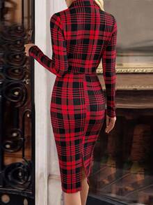 Balvessa 女式翻领长袖格子纽扣设计修身连衣裙 - 彩色 - 查看 2