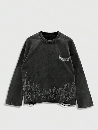 Street Life Camiseta casual de manga larga con cuello redondo, holgada y con estampado de letras góticas para hombre