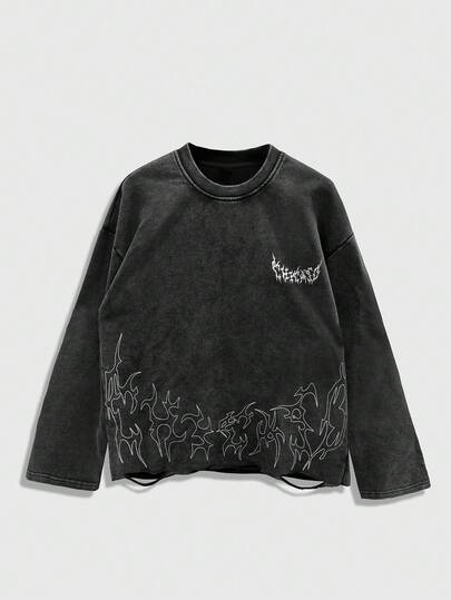 Street Life Men's Gothic Letter Print Loose Fit Round Neck Drop Shoulder Long Sleeve Casual T-Shirt