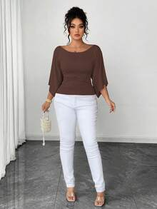 SHEIN Elenzya Áo thun cổ tròn tay chuông dệt kim co giãn cao cỡ lớn màu trơn thanh lịch dành cho nữ - Cà phê nâu - Xem 4