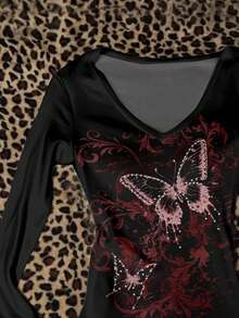 Attitoon 女士V领休闲蝴蝶印花修身长袖T恤，机场通勤百搭 - 白色 - 查看 4