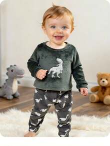 Baby Boy Cute Cartoon Pattern Fluffy Long Sleeve Pajama Set, Autumn/Winter Fall Baby Boy Versatile Casual Cute Cartoon Dinosaur Pattern Fluffy Long-Sleeved Trousers Plush Fur Lining Pajamas Set, Autumn And Winter, Plush Fur Lining Suit 2-Piece Set, Versatile Autumn And Winter Warm Fashion, Cutting-Edge Fashion Design Can Be Worn Indoors And Outdoors, Care For Baby's Skin, Mother's Shopping First Choice Suitable For Indoor, Outdoor, Daily, Sports, Play, Party, Photo, Vacation, Festival