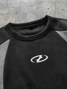 AXEPEAK Men Contrast Color Patchwork Pullover And Sweatpants Set, Cozy Outfits, Fall Clothes - Black - View 6