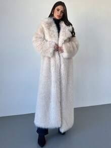 Firerie 厚实宽松超大人造毛领长外套，带衬里，复古奢华超长夹克，杏色毛绒长袖外套，杏色人造毛大衣，适合婚礼、派对、度假、春秋冬、优雅、通勤、约会、派对、毕业、表演、音乐会、工作、年会 - 杏色 - 查看 8