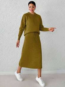SHEIN Cottnline Women's Solid Color Hooded Drop Shoulder Sweater And Skirt Set With Drawstring - Khaki - View 5