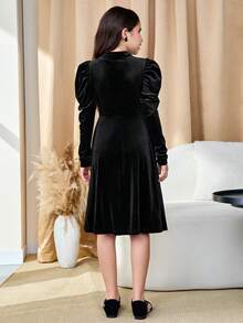 Teen Girls Elegant Solid Color Gigot Sleeve Hollow Out Velvet Dress,Black,Autumn,Elegant,Evening Party Christmas Halloween Mid Length Wednesday Dress - Black - View 2
