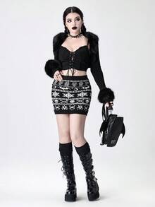 ROMWE Gothic Skull Intarsia Knit Bodycon Mini Skirt, Suitable For Winter & Christmas - Black and White - View 7
