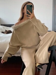 DAZY 女士休闲商务宽松针织毛衣和直筒裤两件套西装套装，优雅办公室通勤装，秋冬 - 咖啡棕 - 查看 5