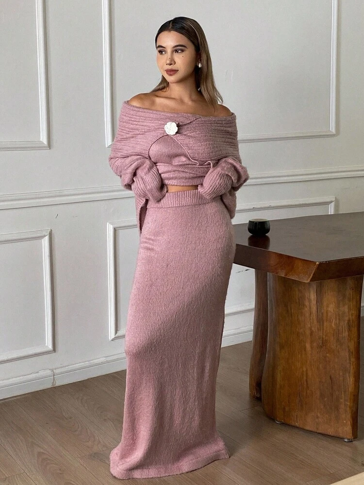 Women's Autumn/Winter Off Shoulder Solid Color Knit Top And Straight Skirt Suit Set, Loose Business Casual Office Wear, Elegant Sweater Two Pieces