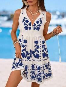 Sylviya 女士休闲蓝白碎花印花无袖迷你连衣裙，日常百搭连衣裙，适合演唱会、锐舞派对、夏季节日、毕业典礼、度假、海滩等各种场合，也适合音乐节、波西米亚风、朋克风、派对、Y2K风、西部风等各种风格。 - 藍白色 - 查看 5