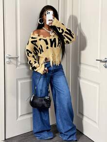 BamGleam Autumn/Winter Short Ripped English Letter Pullover Sweater ...