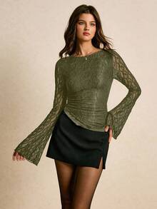 Poéselle Women's Round Neck Long Sleeve Lace Fitted Fashion T-Shirt - Army Green - View 6