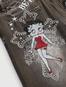 Betty Boop | ROMWE Quần jean ống rộng siêu dài thêu chữ thập Gothic kiểu Y2K - màu nâu - Xem 9