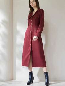Aveloria Rosie Vintage Retro Coin Pattern Solid Color Long Fitted Flared Dress - Red - View 4