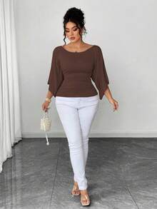 SHEIN Elenzya Áo thun cổ tròn tay chuông dệt kim co giãn cao cỡ lớn màu trơn thanh lịch dành cho nữ - Cà phê nâu - Xem 3