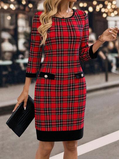 EMERY ROSE Women's Elegant Plaid Fitted Mini Dress For Commuting Women's Plaid Round Neck Long Sleeve Casual Dress Women's Elegant Solid Color Waist Cinched Short Dress, Suitable For Commuting  Elegant Party Dresses  Red Dress For Women Christmas Dress   Christmas Clothes For Women  Christmas Party Dress Winter Dress Women  Fall Outfits For Women Fall Dresses For Women   Elegant Party Dresses New Year Dress Red Dress For Women Christmas Women's Clothing  Christmas Dress