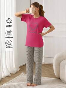 RueChic 100%Cotton Heart & Slogan Graphic Tee Short Sleeve & Pants Lounge Set - Hot Pink - View 2
