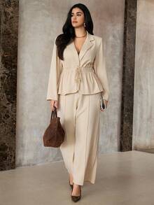 Roveilla Bộ 2 món áo khoác blazer tay dài và quần dài cổ điển tối giản thường ngày dành cho nữ cỡ lớn - Màu be - Xem 1