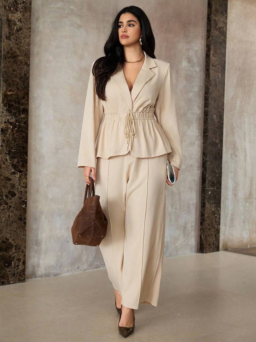 Roveilla Bộ 2 món áo khoác blazer tay dài và quần dài cổ điển tối giản thường ngày dành cho nữ cỡ lớn - Màu be - Xem 1