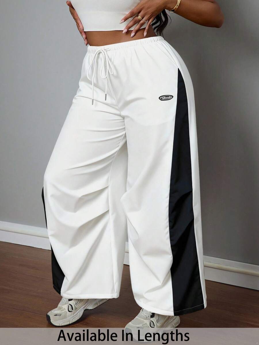 SHEIN PETITE CURVE Plus Size Women's Summer Concert Streetwear Going Out Color-Blocked Parachute Pants