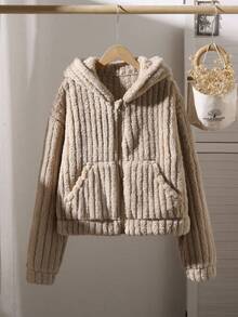 SHEIN Explorewe Chaqueta con capucha reversible de forro polar para adolescentes, cálida para actividades al aire libre, cómoda y acogedora para otoño/invierno - Caqui - Ver 8