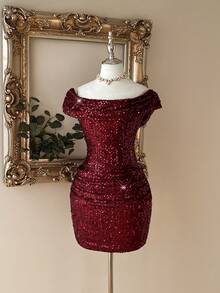Lovelzi Elegant, Romantic, Fashionable, Sexy, Shiny, Charming, Dark Red, Sequined Fabric, Tight Dress, Suitable For Nightclubs, Parties, Vacations, Cocktail Parties, Birthday Parties, Afternoon Tea Wear, Cocktail Dresses