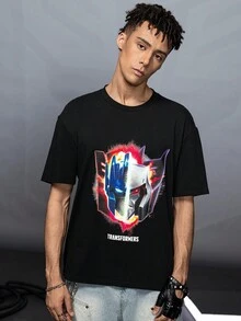 Transformers X SHEIN 男士休闲卡通图案圆领短袖T恤，夏季 - 黑色 - 查看 1