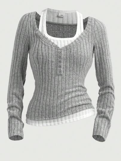 SHEIN Girlism Tonårsflickor T-shirt med färgblock och lapptäcke, 2-i-1-design, figurnära silhuett, avslappnad stil, grå långärmad lager-på-lager-skjorta, vinter, Y2K, streetwear