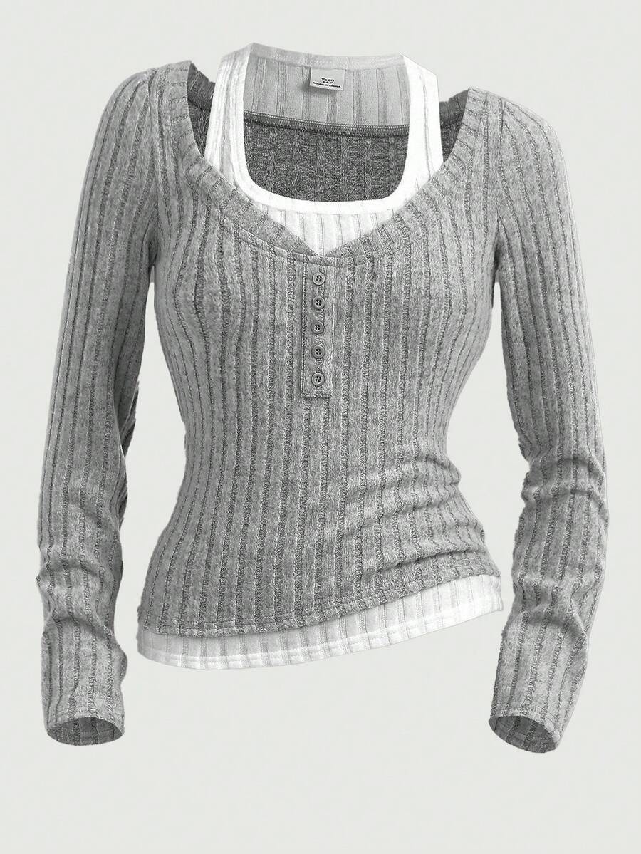 SHEIN Girlism 少女拼色拼接二合一设计 T 恤，修身廓形，休闲风格灰色长袖多层衬衫，冬季、Y2K、街头服饰 - 淺灰色 - 查看 1