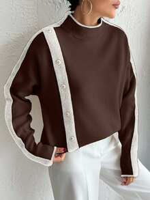 SHEIN Cottnline Casual Color Block Stand Collar Sweater, Autumn/Winter - Brown - View 4
