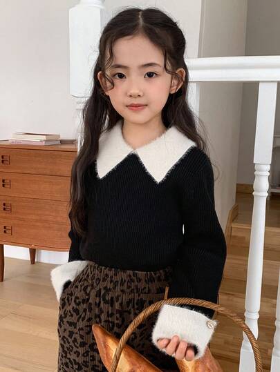DAZY 少女翻领撞色韩版长袖毛衣，秋冬