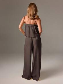 AiiRZ 吊带背心和阔腿裤睡衣套装，配有抽绳细节和可调节肩带，家居服睡衣 - 巧克力棕 - 查看 2