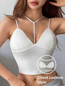 DAZY 女士吊带背心，内置衬垫胸罩，细肩带设计 - 白色 - 查看 3