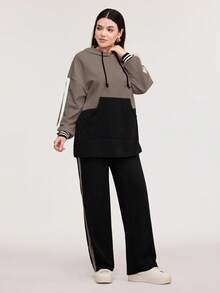 Veilorie Tvåfärgat randig set med huvtröja och byxor med dragsko i sidan, 2-delat set - Chokladbrun - Visa 4