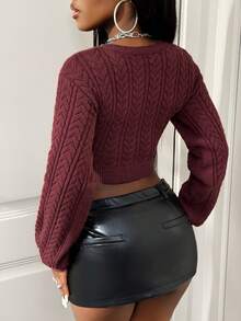 SHEIN BamGlam Women's Cropped Long Sleeve Sweater, Fashionable Midriff-Baring, Casual Outdoor Wear For Autumn/Winter - Brown - View 2