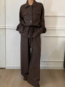 Livesso Bộ vest 2 món công sở thoải mái, vừa vặn màu nâu, áo sơ mi trơn và quần ống đứng, thời trang thu/đông cho nữ - màu nâu - Xem 7
