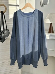 SHEIN EZwear 大码女式休闲蓝色套头长袖运动衫秋冬女装 - 藍色 - 查看 3