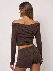 SHEIN BAE 秋季时尚通勤纯色露肩短款上衣 - 咖啡棕 - 查看 2