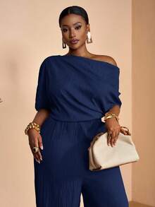 Veslaya 2025 Spring/Summer New Elegant Party, Date, Evening, Graduation Season Solid Khaki Fitted One Shoulder Pleated Decor Oblique Shoulder Extra Long Wide Leg Pants, Woven Textured Fabric, Women Plus Size Jumpsuit - Navy Blue - View 3