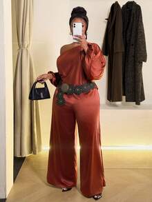 Maweii Set casual da 2 pezzi oversize con spalla asimmetrica e maniche lunghe