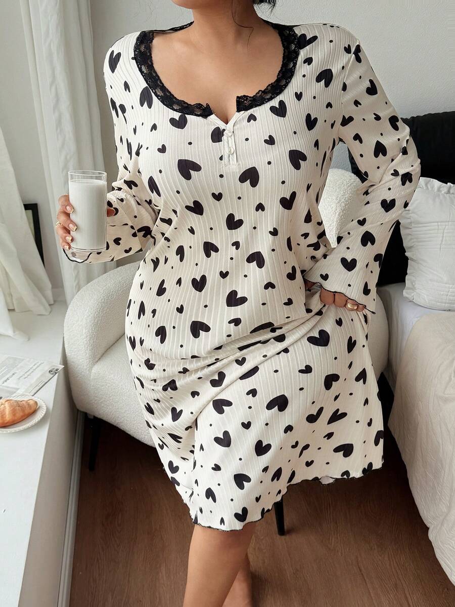 SHEIN 加大码心形印花V领荷叶边中长袖女士睡裙，冬季 - 米色 - 查看 1