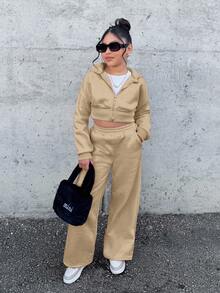 SHEIN Tween Girl Nova Glow 儿童时尚舒适派对街头纯色针织连帽卫衣宽松套装 - 杏色 - 查看 4