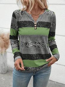 EMERY ROSE Camiseta de manga larga con cuello en V y botones a rayas, estampado aleatorio, camisetas gráficas de otoño para mujer, tops para atuendos de primavera