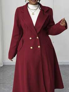 Maweii Áo khoác ngoài cổ vuông ve hở phía trước hình chim nước màu xanh dương dáng chữ A có túi dài vừa phải, phong cách cổ điển thanh lịch, dễ thương, mùa thu/đông - Màu Đỏ Sâu - Xem 4