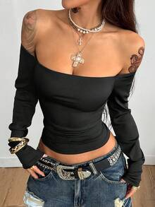 女士秋冬休闲摇滚日常穿着外出针织露肩长袖 T 恤、灰黑条纹和全黑两件套服装 - 彩色 - 查看 4