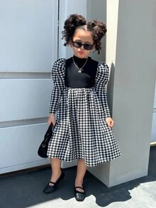 Firerie Kids Young Girls' Black Plaid Puff Sleeve Casual Pullover Dress, Fashionable And Versatile For Everyday Wear - Black - View 2